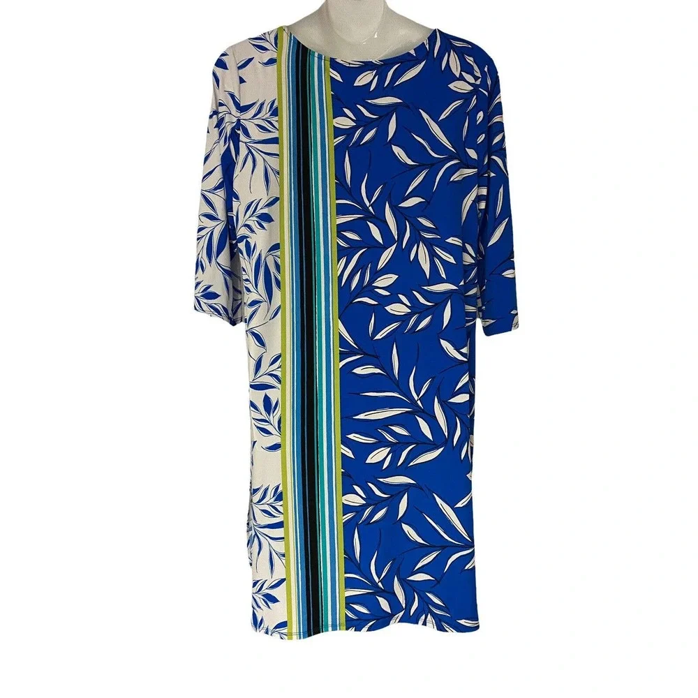 SOLD! Mixed Leaf Print Calf Length Tunic size 2X Monroe & Main Blue White Top - Picture 4 of 9